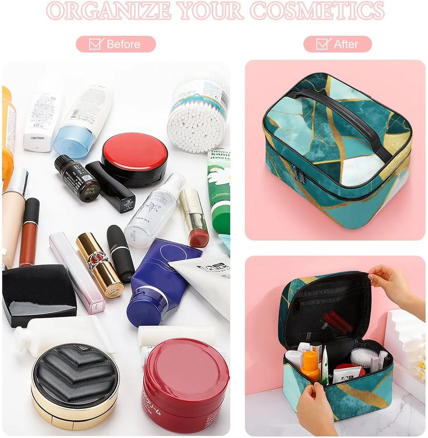 Women's Gold Glitters Marble Turquoise Luxury Texture Cosmetic Storage Bag, Large Capacity Makeup Case with Handle Portable Travel Toiletry Organizer Bag
