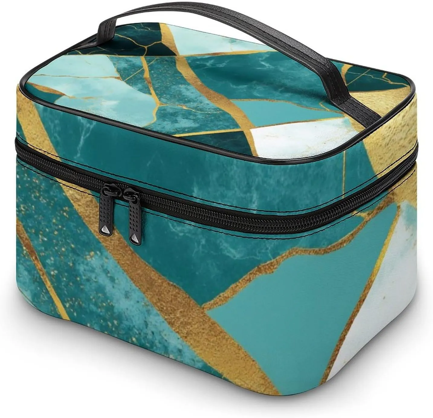Women's Gold Glitters Marble Turquoise Luxury Texture Cosmetic Storage Bag, Large Capacity Makeup Case with Handle Portable Travel Toiletry Organizer Bag