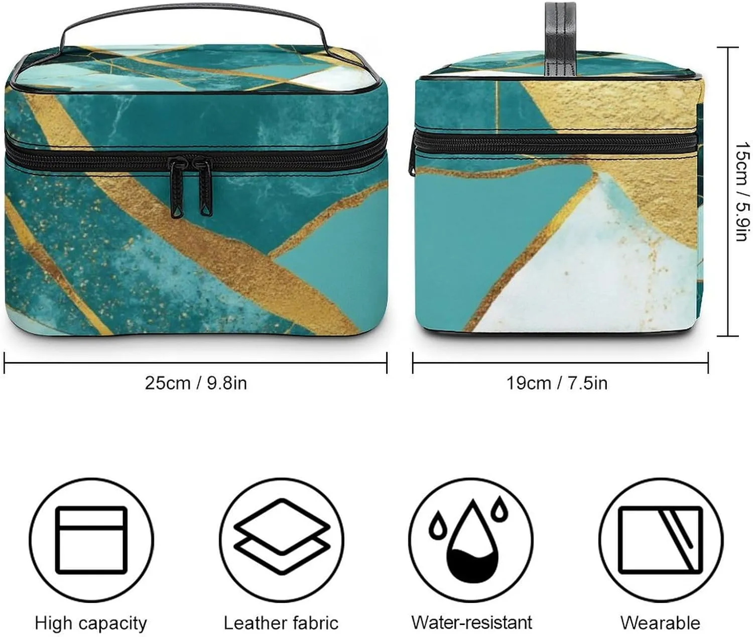 Women's Gold Glitters Marble Turquoise Luxury Texture Cosmetic Storage Bag, Large Capacity Makeup Case with Handle Portable Travel Toiletry Organizer Bag