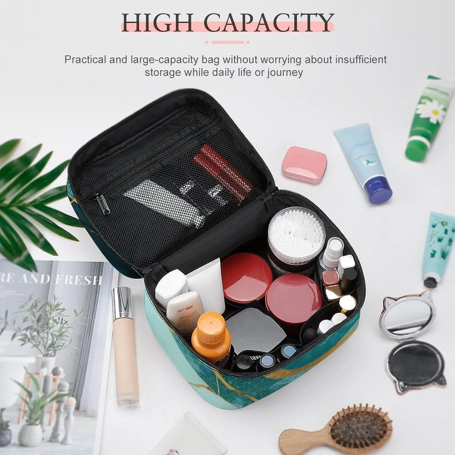 Women's Gold Glitters Marble Turquoise Luxury Texture Cosmetic Storage Bag, Large Capacity Makeup Case with Handle Portable Travel Toiletry Organizer Bag