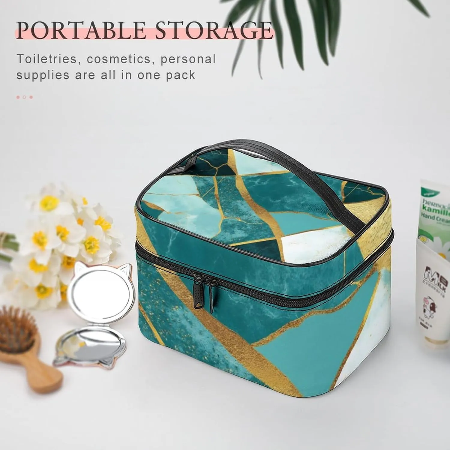 Women's Gold Glitters Marble Turquoise Luxury Texture Cosmetic Storage Bag, Large Capacity Makeup Case with Handle Portable Travel Toiletry Organizer Bag