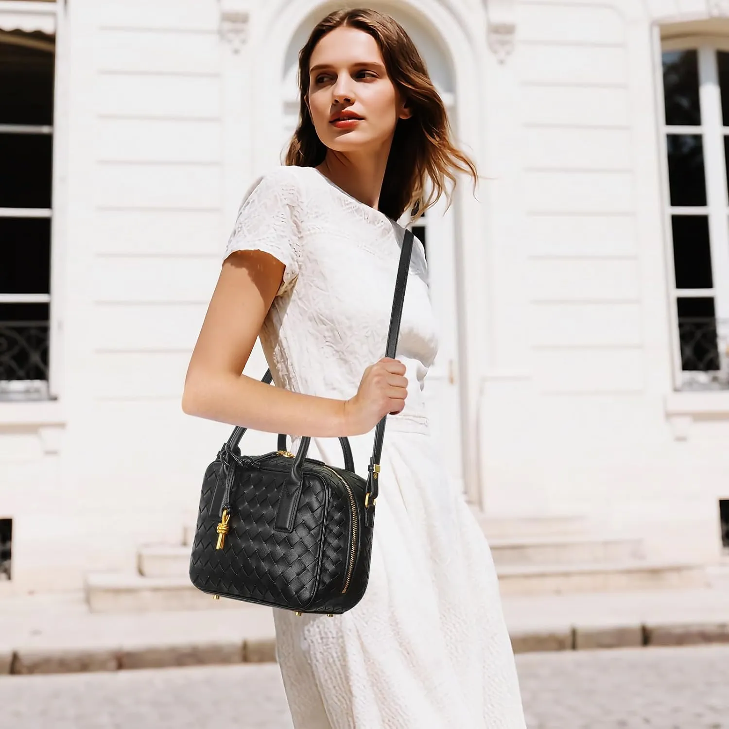 Women's Handmade Woven Top-handle Bag Fashion Leather Shoulder Handbag Crossbody Purse Woven Purse for Women