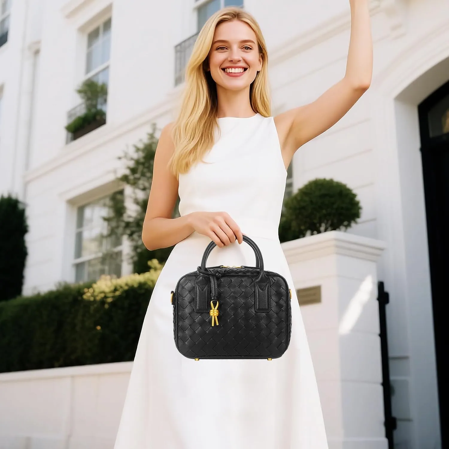 Women's Handmade Woven Top-handle Bag Fashion Leather Shoulder Handbag Crossbody Purse Woven Purse for Women