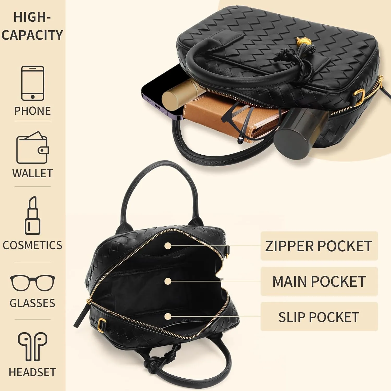 Women's Handmade Woven Top-handle Bag Fashion Leather Shoulder Handbag Crossbody Purse Woven Purse for Women