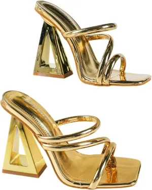 Women’s High Heel Sandals – Square Toe Dress Heels with Crisscross Straps and Gold Geometric Block Heel – Party Nightclub Fashion Shoes