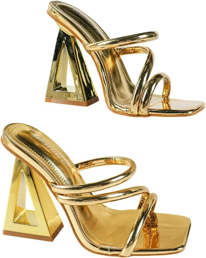 Women’s High Heel Sandals – Square Toe Dress Heels with Crisscross Straps and Gold Geometric Block Heel – Party Nightclub Fashion Shoes