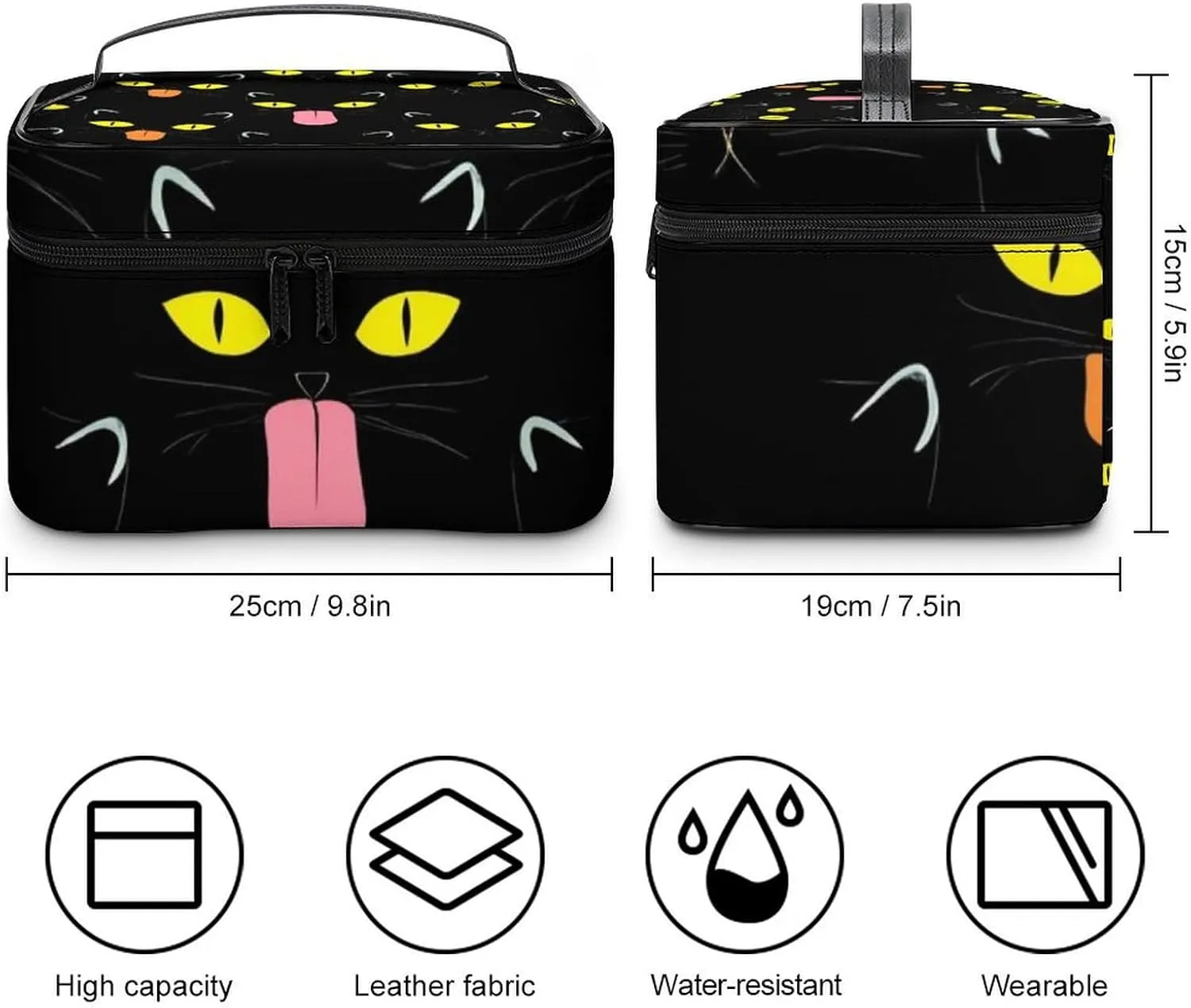 Women's Large Makeup Bag, Portable Cosmetic Brush Bags Cool Funny Black Cats Makeup Organizer Case Travel Toiletry Accessories
