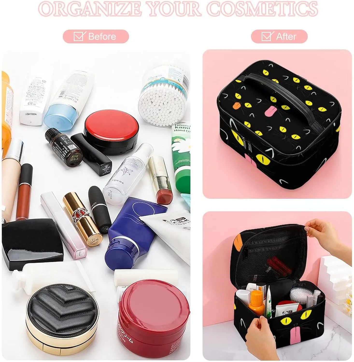 Women's Large Makeup Bag, Portable Cosmetic Brush Bags Cool Funny Black Cats Makeup Organizer Case Travel Toiletry Accessories