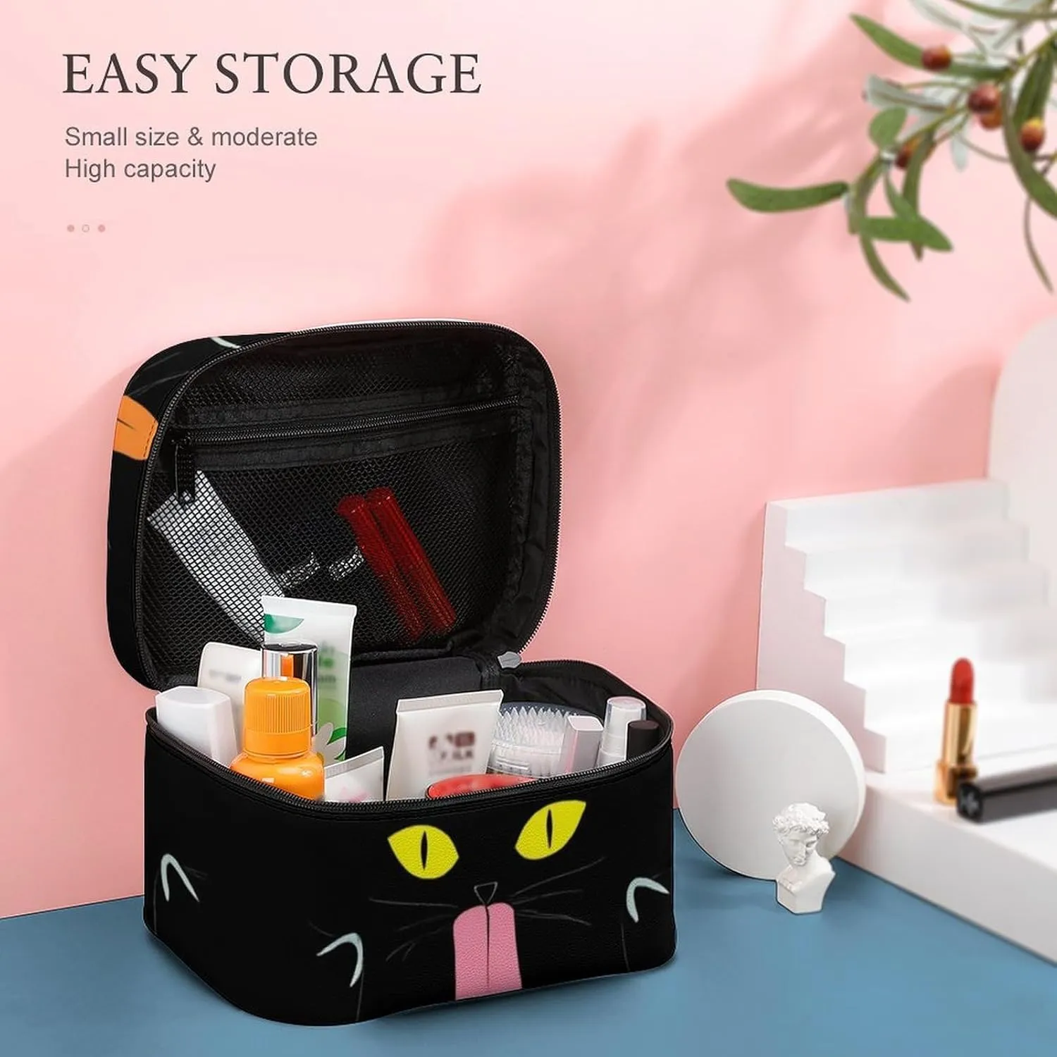 Women's Large Makeup Bag, Portable Cosmetic Brush Bags Cool Funny Black Cats Makeup Organizer Case Travel Toiletry Accessories