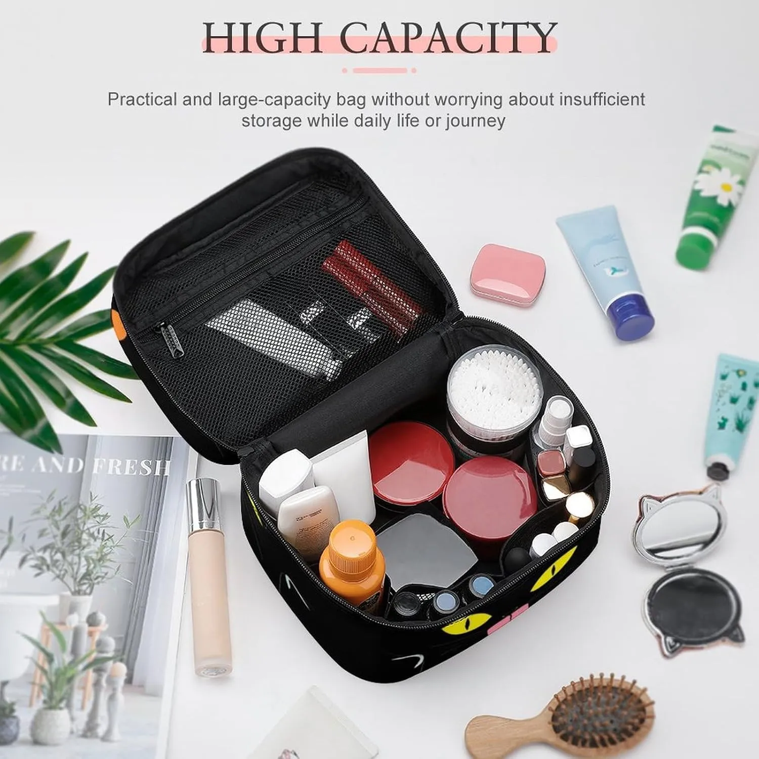 Women's Large Makeup Bag, Portable Cosmetic Brush Bags Cool Funny Black Cats Makeup Organizer Case Travel Toiletry Accessories