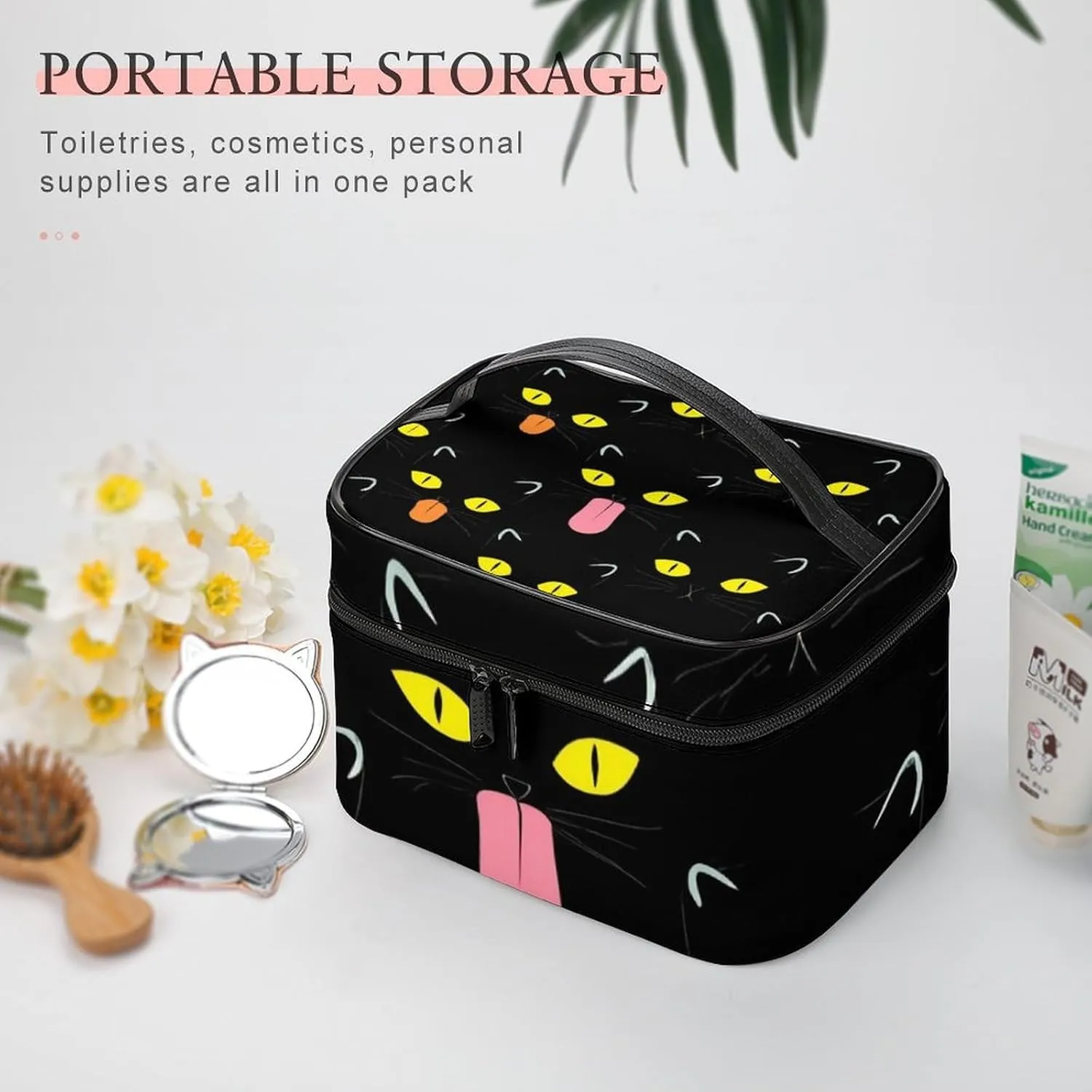 Women's Large Makeup Bag, Portable Cosmetic Brush Bags Cool Funny Black Cats Makeup Organizer Case Travel Toiletry Accessories