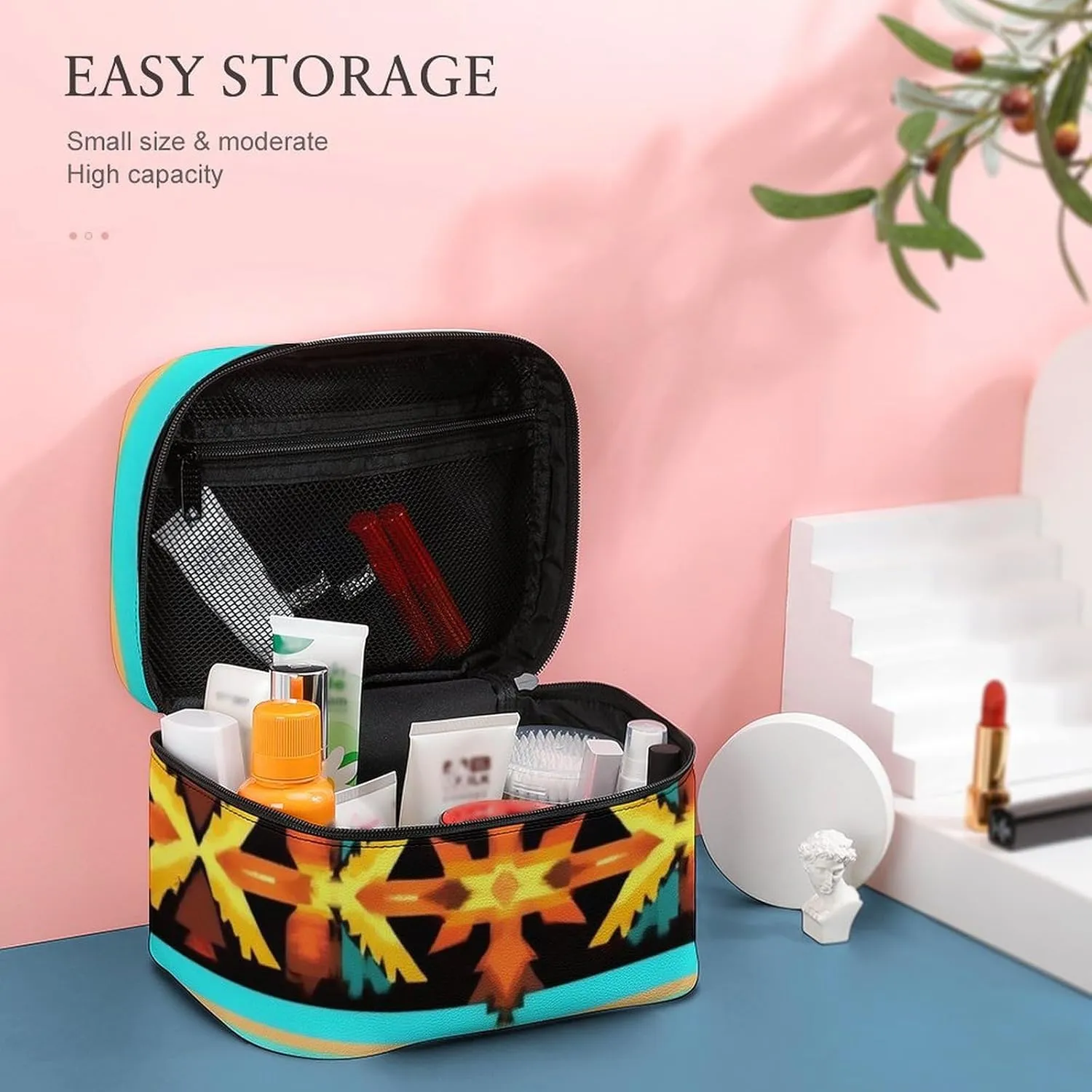Women's Large Makeup Bag, Portable Cosmetic Brush Bags Ethnic Aztec Turquoise Geometric Indiana Western Southwest Pattern Makeup Organizer Case Travel Toiletry Accessories