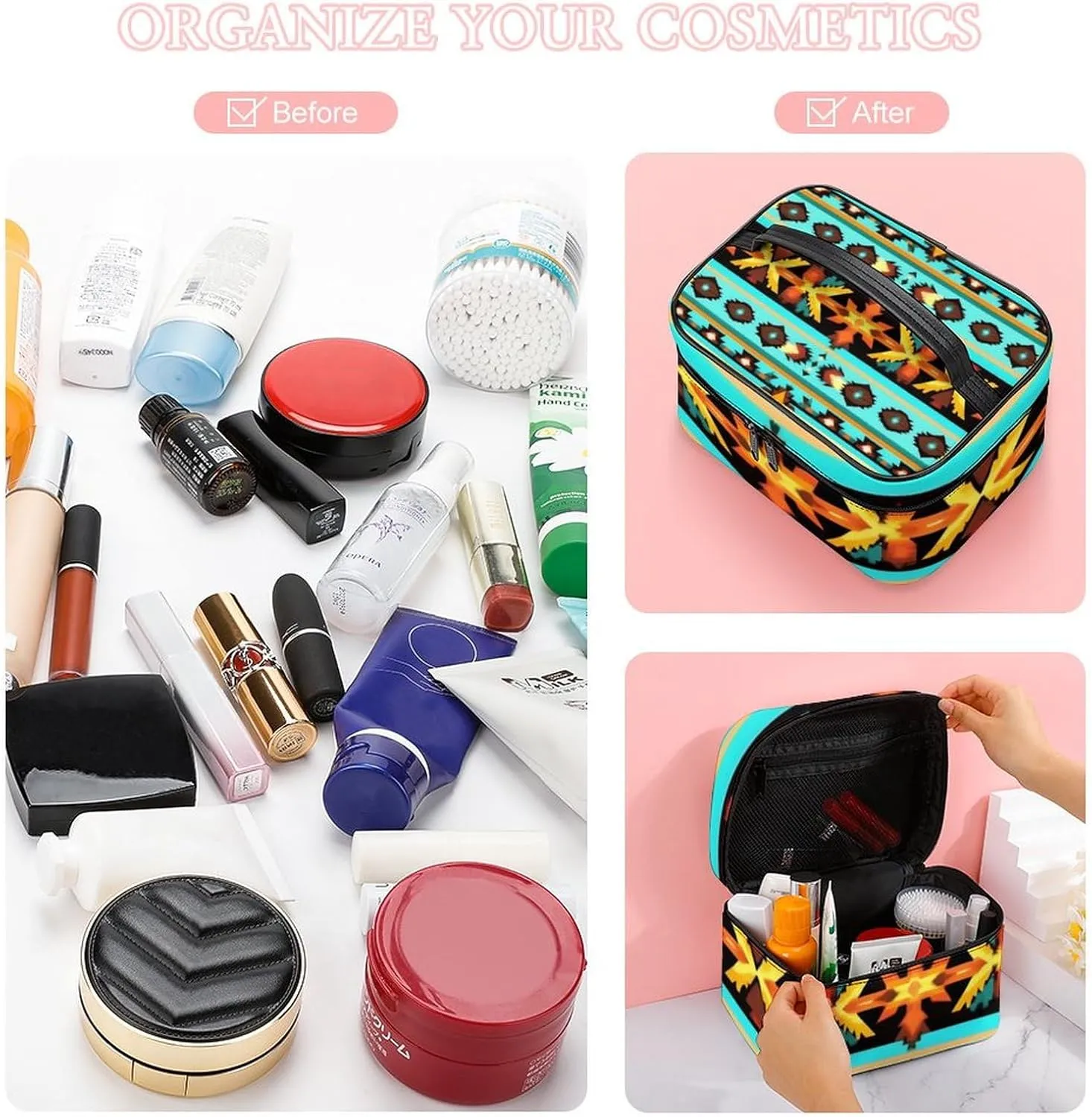 Women's Large Makeup Bag, Portable Cosmetic Brush Bags Ethnic Aztec Turquoise Geometric Indiana Western Southwest Pattern Makeup Organizer Case Travel Toiletry Accessories