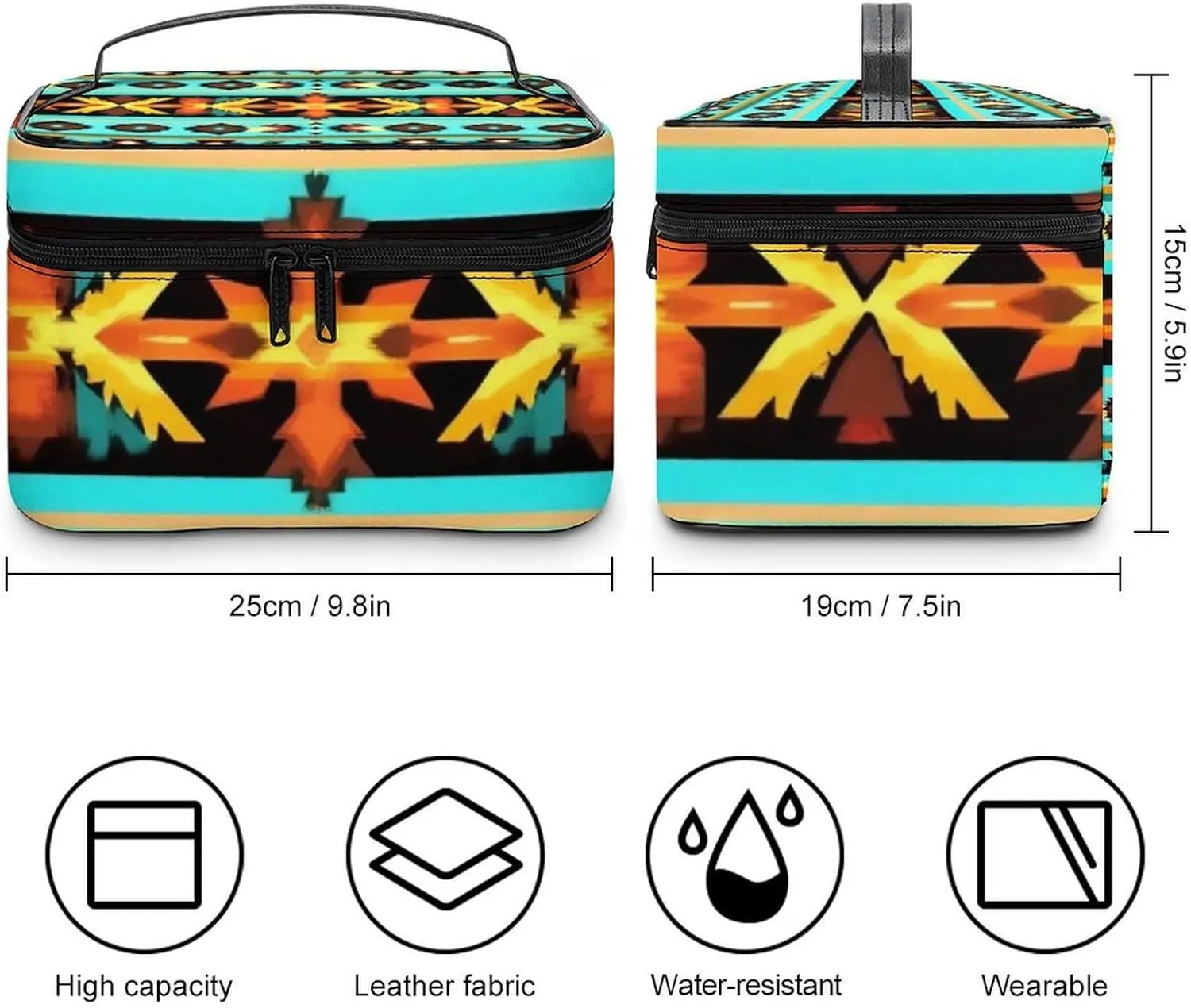 Women's Large Makeup Bag, Portable Cosmetic Brush Bags Ethnic Aztec Turquoise Geometric Indiana Western Southwest Pattern Makeup Organizer Case Travel Toiletry Accessories
