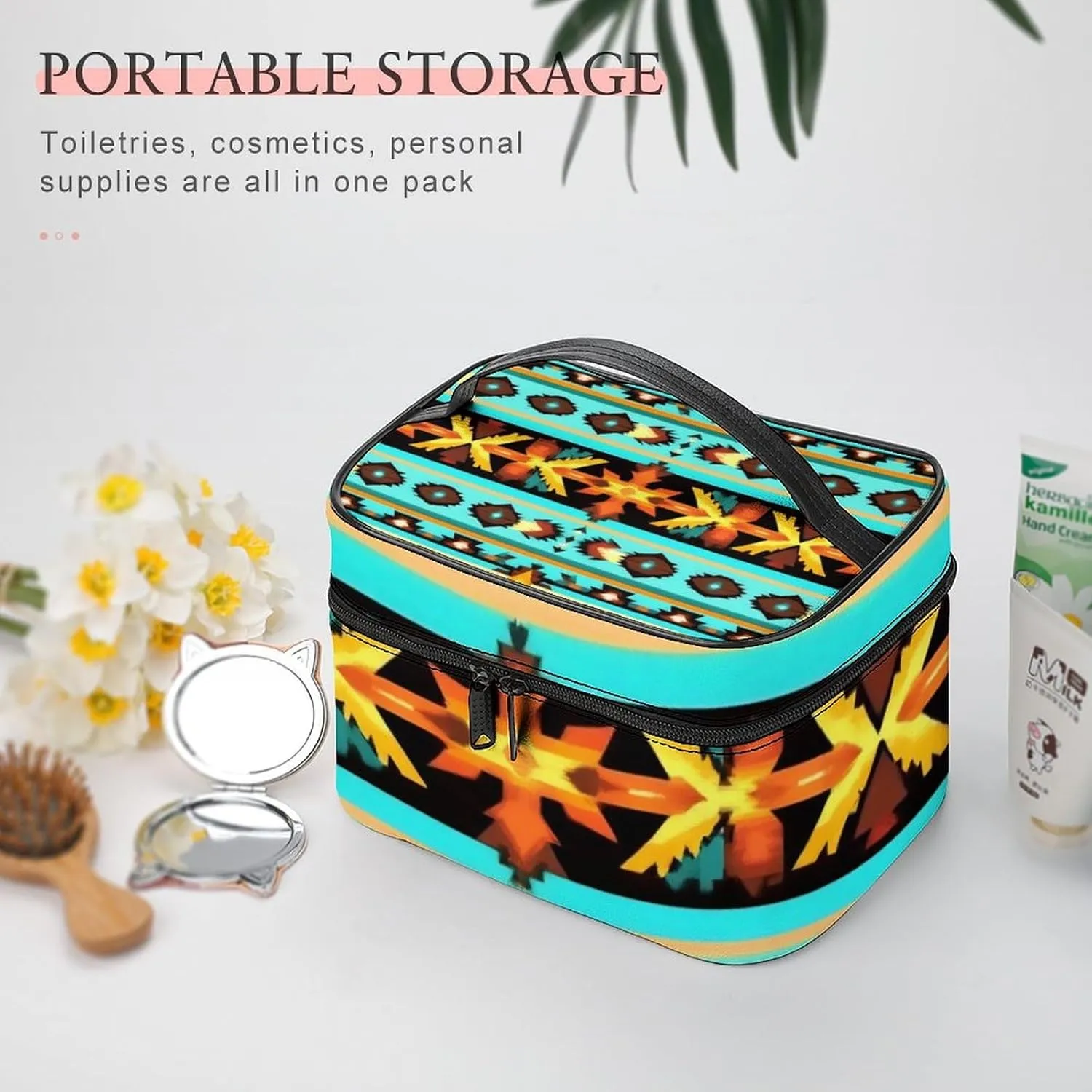 Women's Large Makeup Bag, Portable Cosmetic Brush Bags Ethnic Aztec Turquoise Geometric Indiana Western Southwest Pattern Makeup Organizer Case Travel Toiletry Accessories