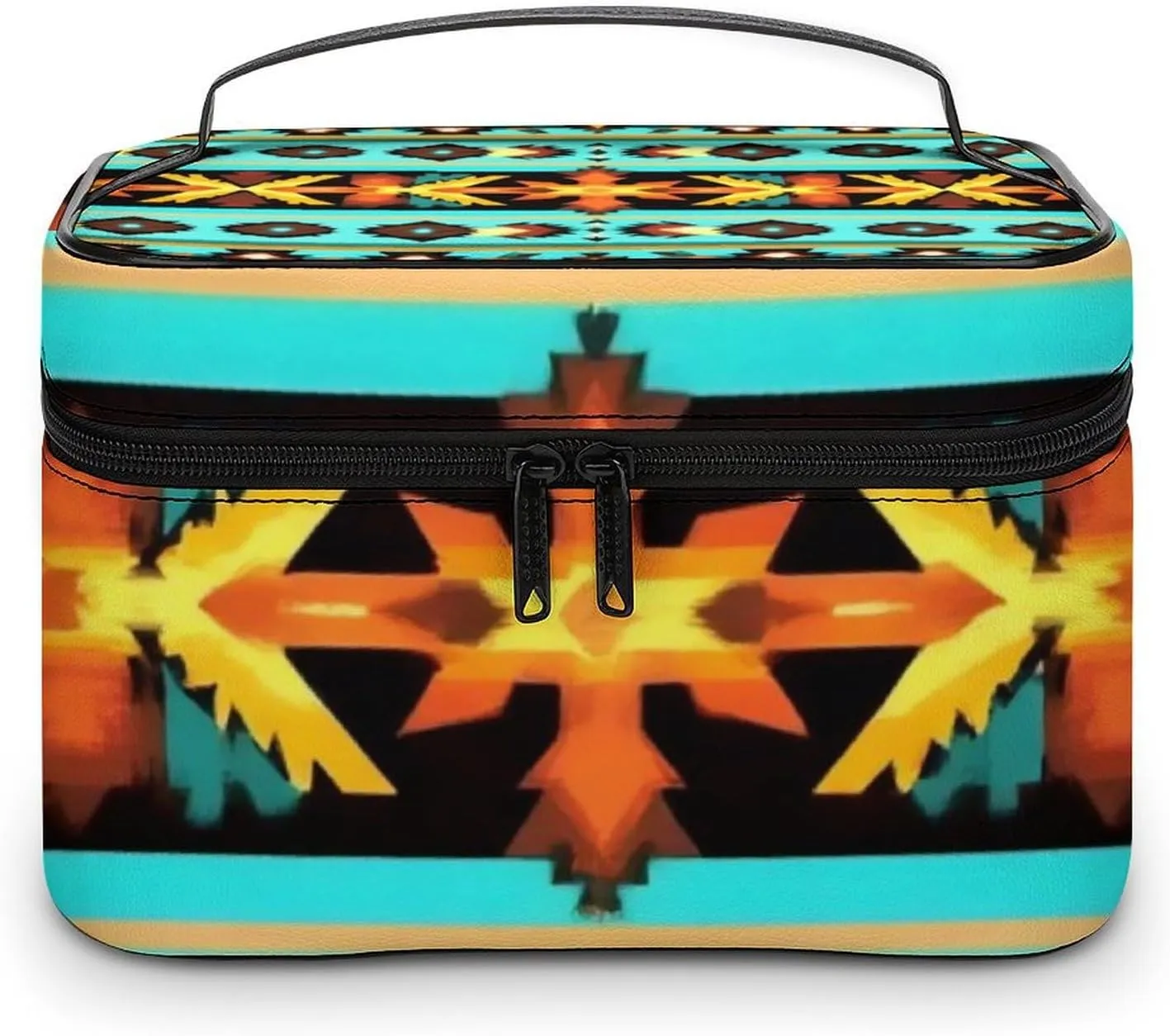 Women's Large Makeup Bag, Portable Cosmetic Brush Bags Ethnic Aztec Turquoise Geometric Indiana Western Southwest Pattern Makeup Organizer Case Travel Toiletry Accessories
