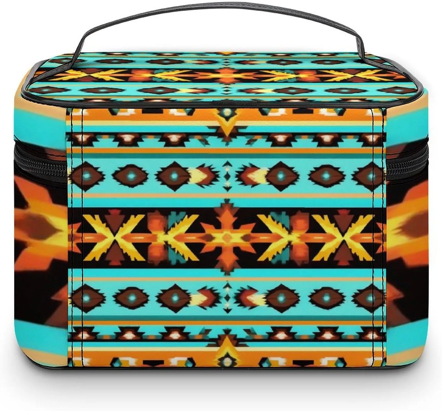 Women's Large Makeup Bag, Portable Cosmetic Brush Bags Ethnic Aztec Turquoise Geometric Indiana Western Southwest Pattern Makeup Organizer Case Travel Toiletry Accessories