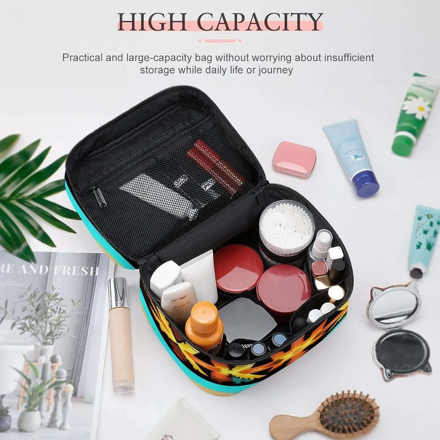 Women's Large Makeup Bag, Portable Cosmetic Brush Bags Ethnic Aztec Turquoise Geometric Indiana Western Southwest Pattern Makeup Organizer Case Travel Toiletry Accessories