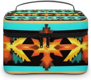 Women's Large Makeup Bag, Portable Cosmetic Brush Bags Ethnic Aztec Turquoise Geometric Indiana Western Southwest Pattern Makeup Organizer Case Travel Toiletry Accessories