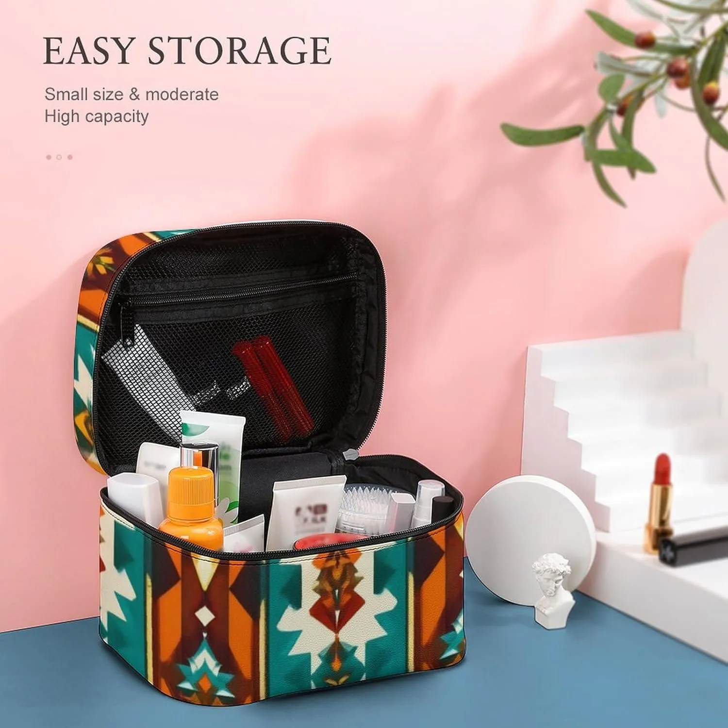 Women's Large Makeup Bag, Portable Cosmetic Brush Bags Indiana Western Southwest Ethnic Tribal Navajo Makeup Organizer Case Travel Toiletry Accessories