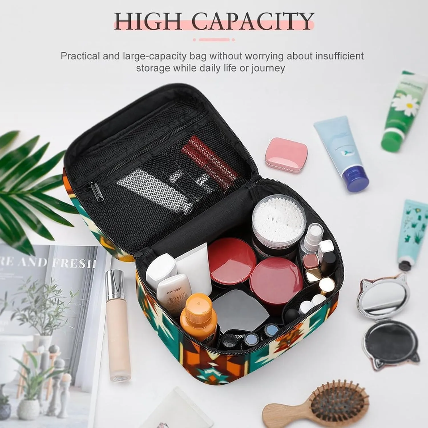 Women's Large Makeup Bag, Portable Cosmetic Brush Bags Indiana Western Southwest Ethnic Tribal Navajo Makeup Organizer Case Travel Toiletry Accessories