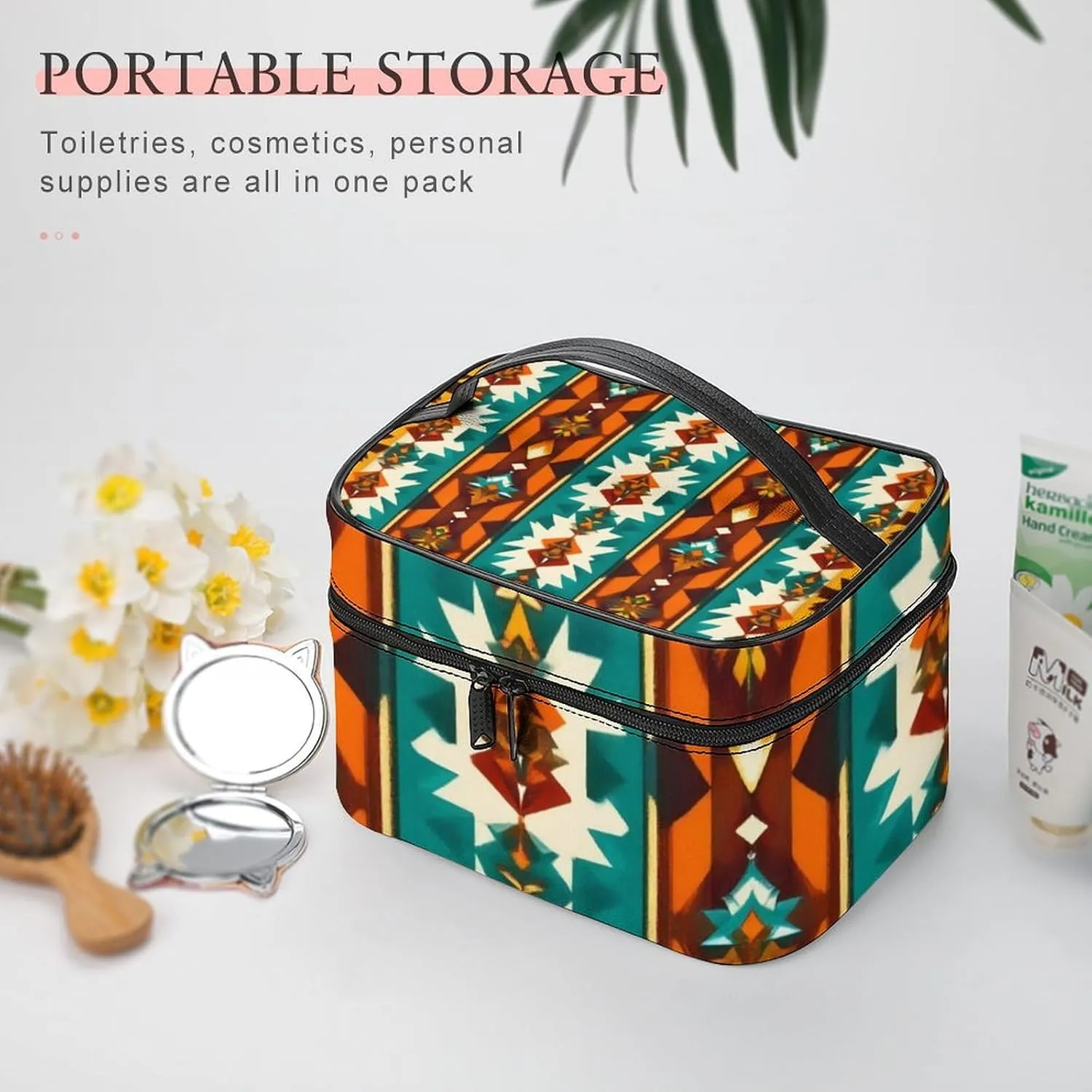 Women's Large Makeup Bag, Portable Cosmetic Brush Bags Indiana Western Southwest Ethnic Tribal Navajo Makeup Organizer Case Travel Toiletry Accessories