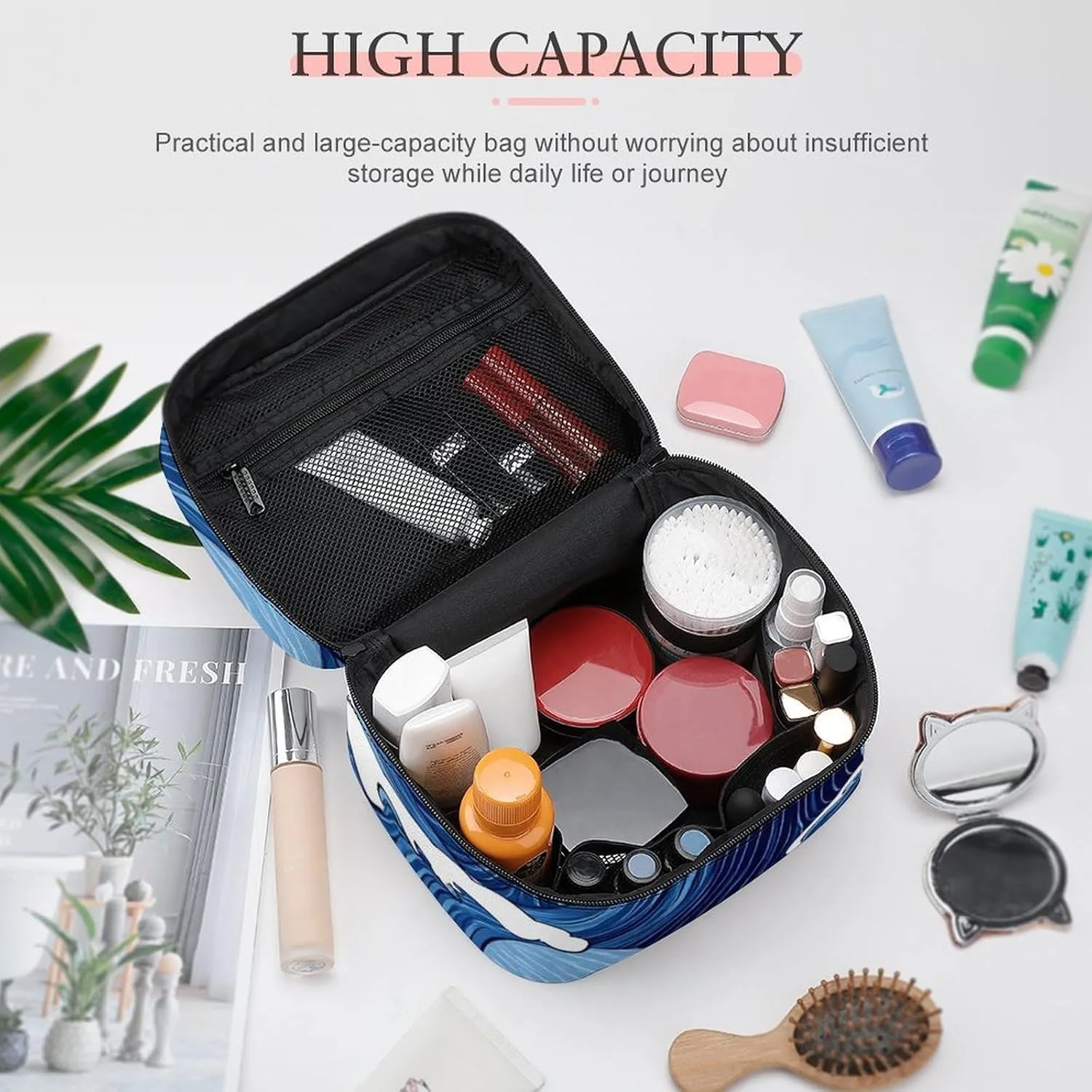 Women's Large Makeup Bag, Portable Cosmetic Brush Bags Japanese Ocean Sea Blue Wave Makeup Organizer Case Travel Toiletry Accessories