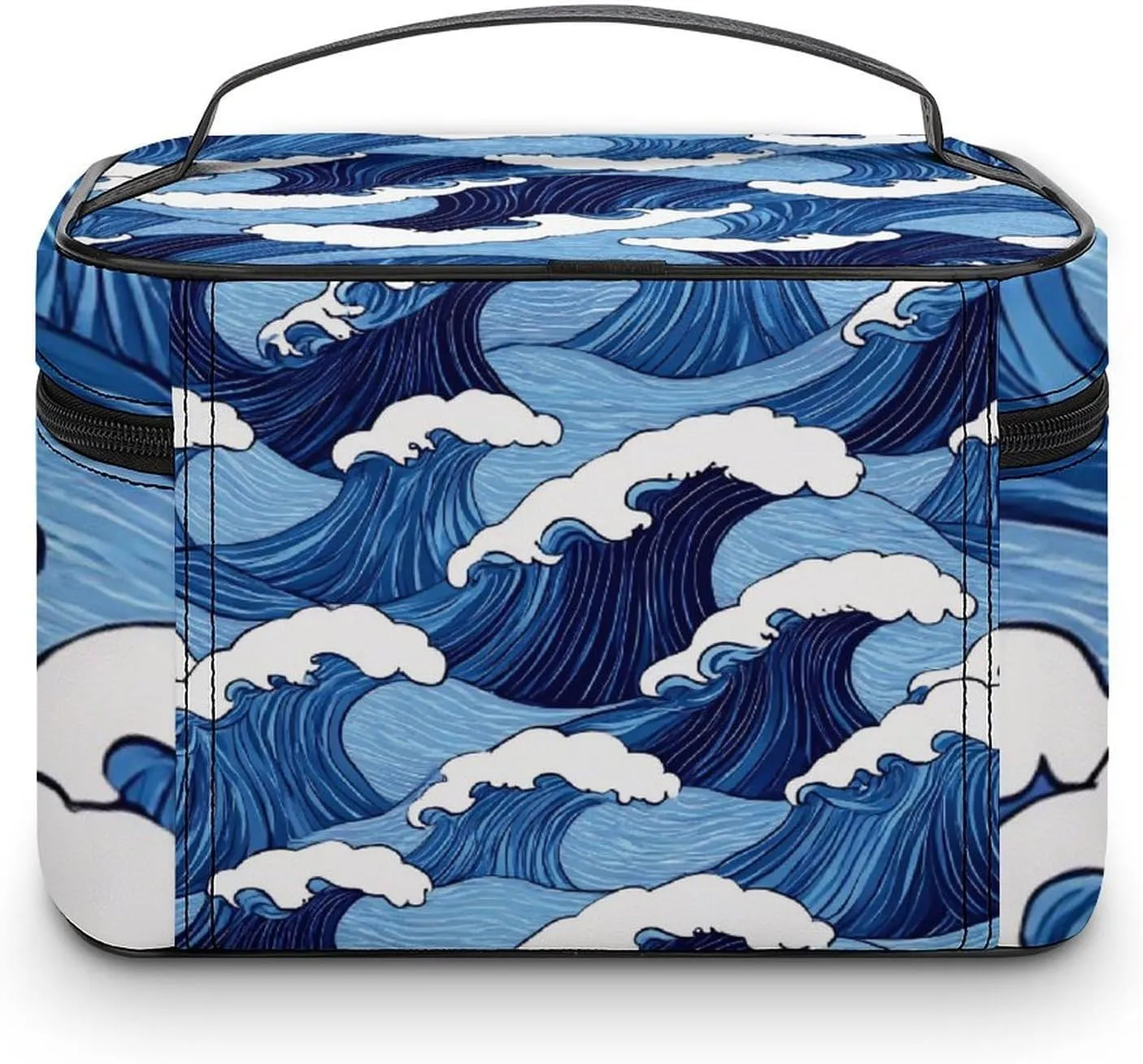Women's Large Makeup Bag, Portable Cosmetic Brush Bags Japanese Ocean Sea Blue Wave Makeup Organizer Case Travel Toiletry Accessories