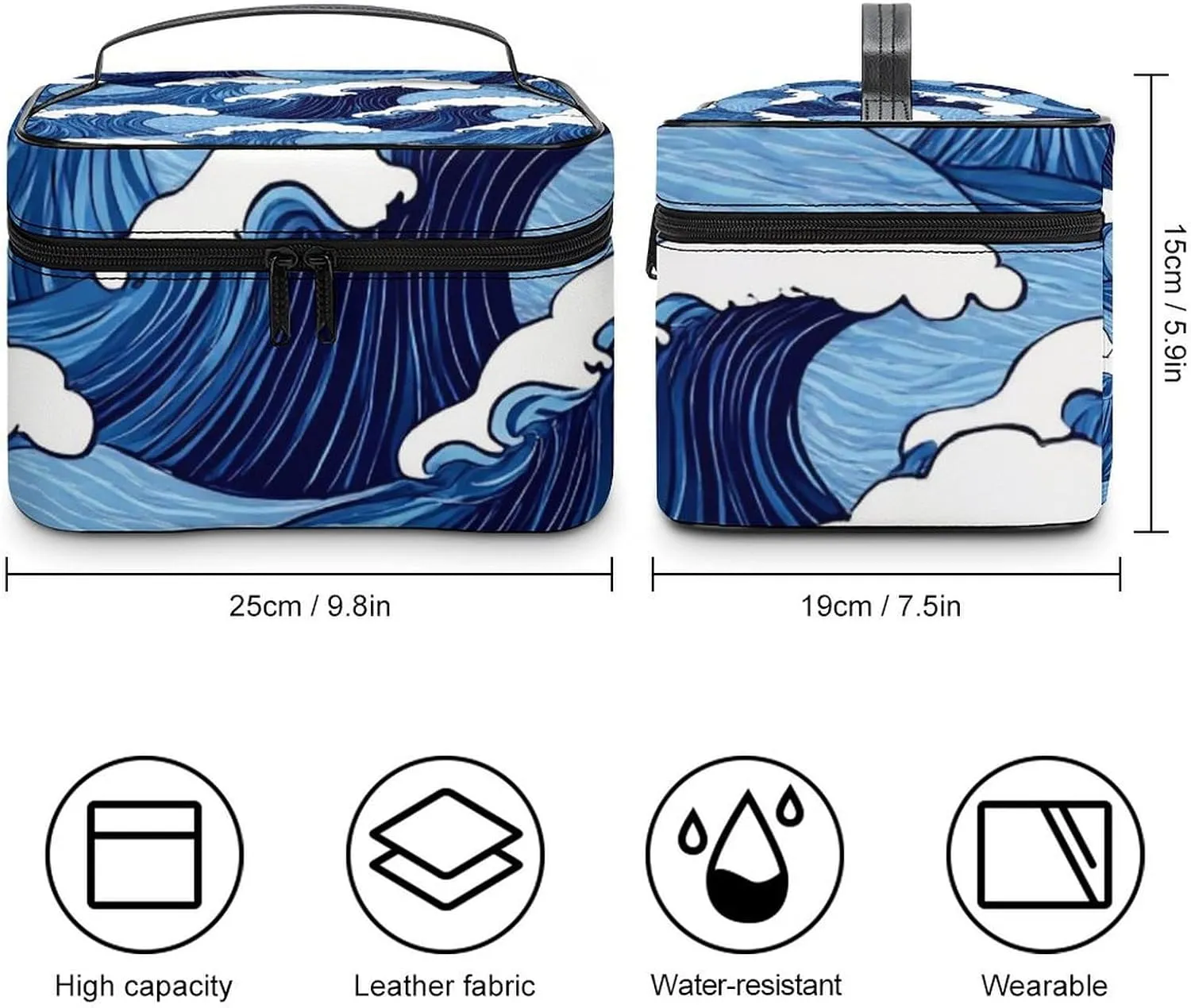 Women's Large Makeup Bag, Portable Cosmetic Brush Bags Japanese Ocean Sea Blue Wave Makeup Organizer Case Travel Toiletry Accessories