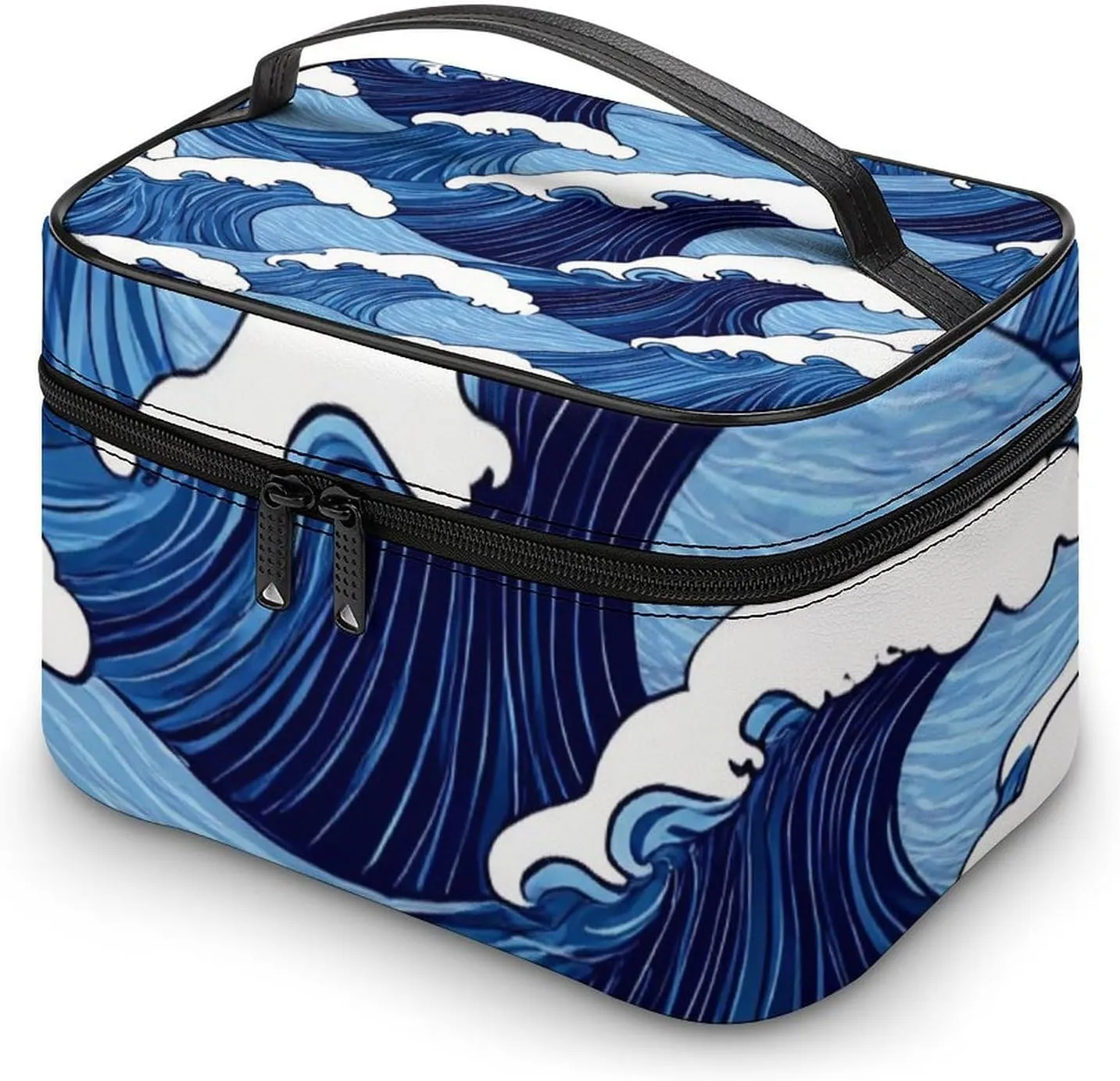 Women's Large Makeup Bag, Portable Cosmetic Brush Bags Japanese Ocean Sea Blue Wave Makeup Organizer Case Travel Toiletry Accessories