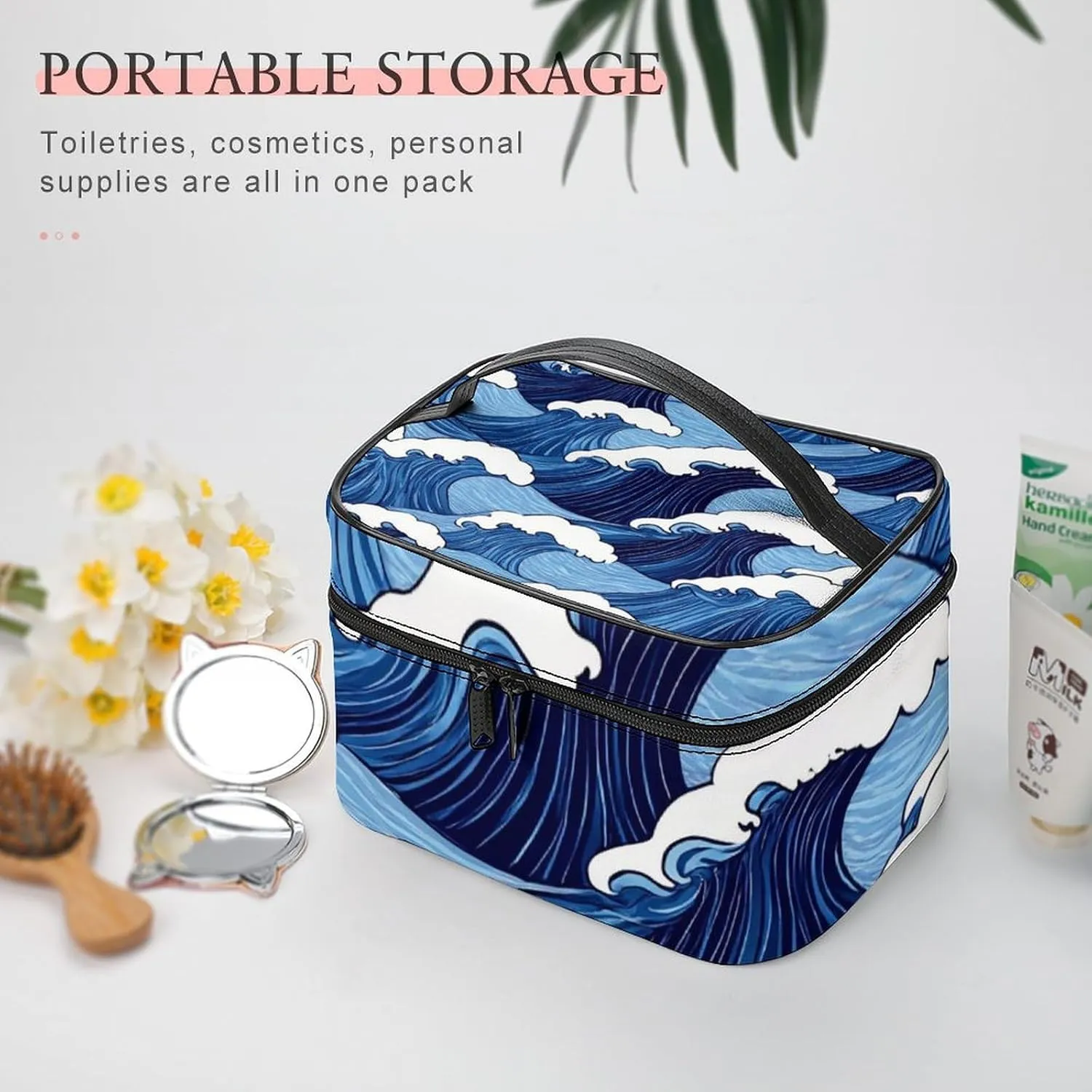 Women's Large Makeup Bag, Portable Cosmetic Brush Bags Japanese Ocean Sea Blue Wave Makeup Organizer Case Travel Toiletry Accessories