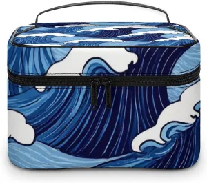Women's Large Makeup Bag, Portable Cosmetic Brush Bags Japanese Ocean Sea Blue Wave Makeup Organizer Case Travel Toiletry Accessories