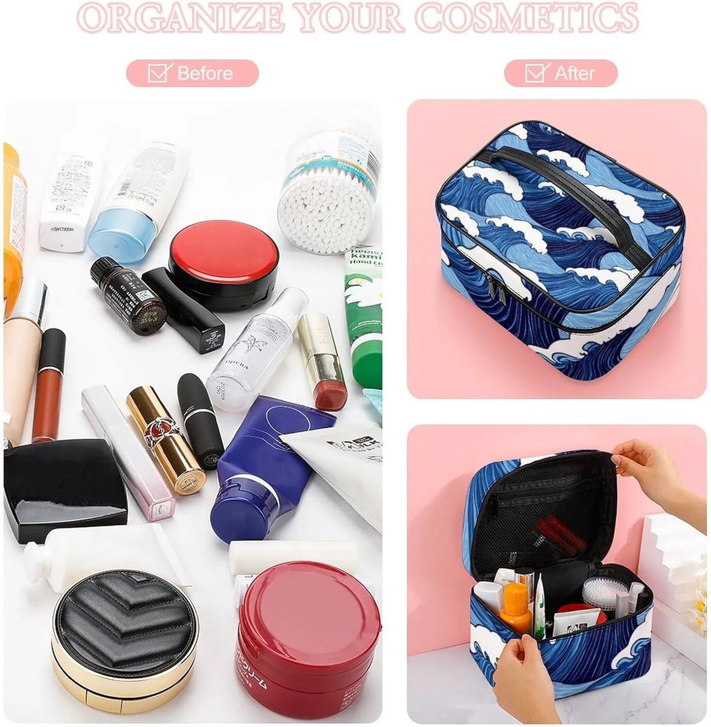 Women's Large Makeup Bag, Portable Cosmetic Brush Bags Japanese Ocean Sea Blue Wave Makeup Organizer Case Travel Toiletry Accessories