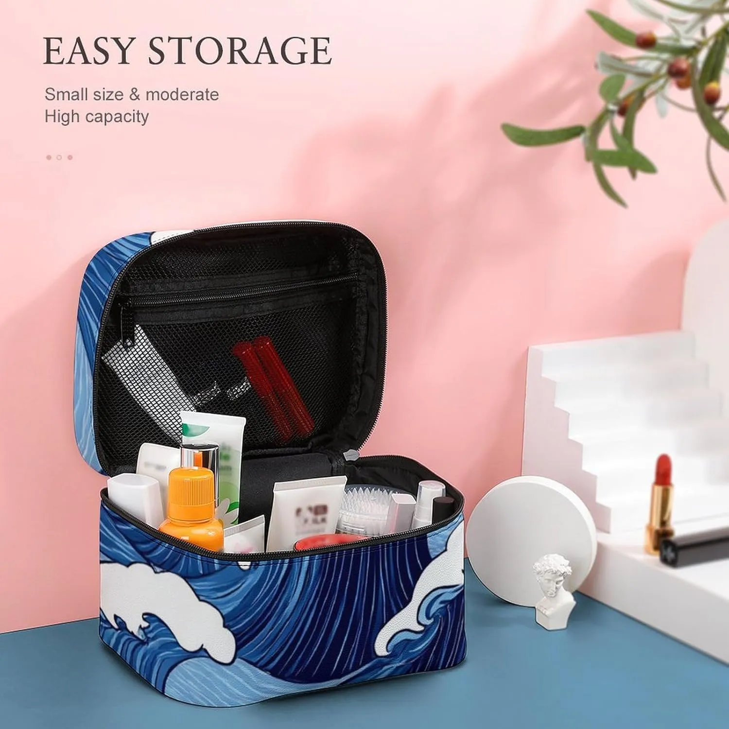 Women's Large Makeup Bag, Portable Cosmetic Brush Bags Japanese Ocean Sea Blue Wave Makeup Organizer Case Travel Toiletry Accessories