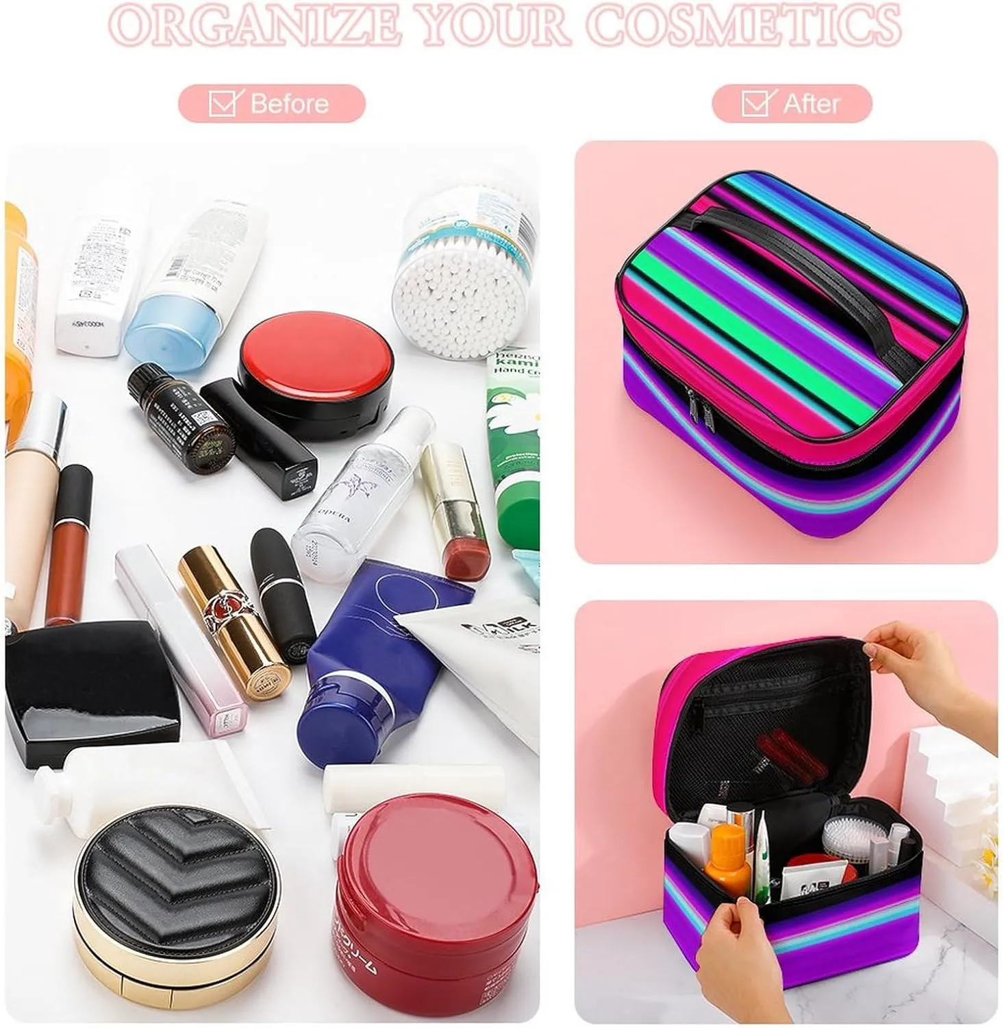 Women's Large Makeup Bag, Portable Cosmetic Brush Bags Purple Mexican Blanket Stripes Makeup Organizer Case Travel Toiletry Accessories