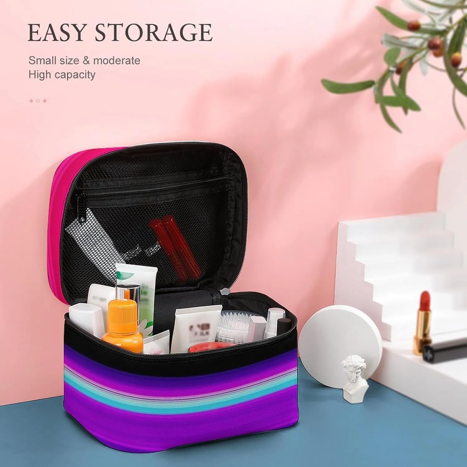 Women's Large Makeup Bag, Portable Cosmetic Brush Bags Purple Mexican Blanket Stripes Makeup Organizer Case Travel Toiletry Accessories