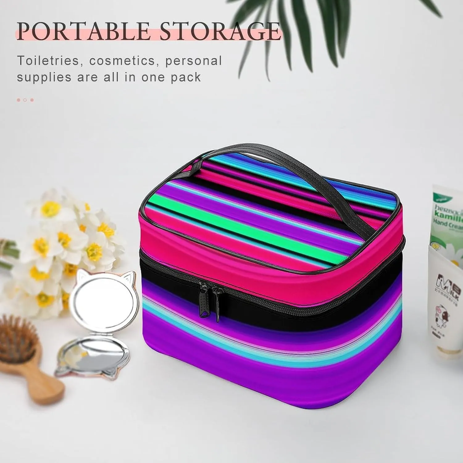 Women's Large Makeup Bag, Portable Cosmetic Brush Bags Purple Mexican Blanket Stripes Makeup Organizer Case Travel Toiletry Accessories