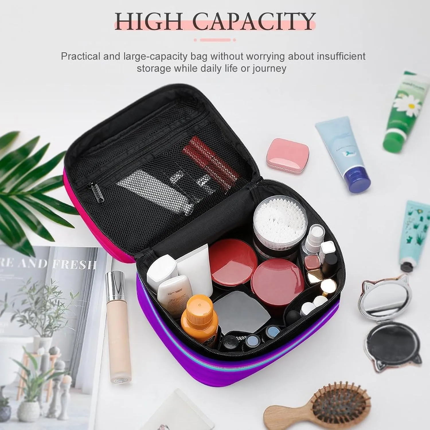 Women's Large Makeup Bag, Portable Cosmetic Brush Bags Purple Mexican Blanket Stripes Makeup Organizer Case Travel Toiletry Accessories