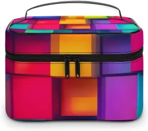Women's Large Makeup Bag, Portable Cosmetic Brush Bags Rainbow Colorful Blocks Makeup Organizer Case Travel Toiletry Accessories