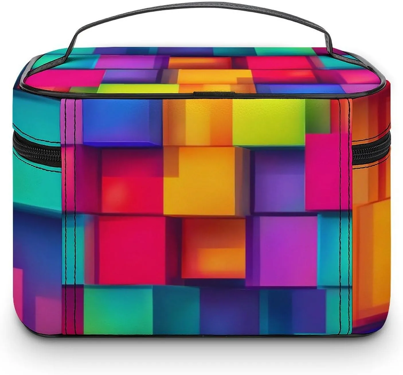 Women's Large Makeup Bag, Portable Cosmetic Brush Bags Rainbow Colorful Blocks Makeup Organizer Case Travel Toiletry Accessories