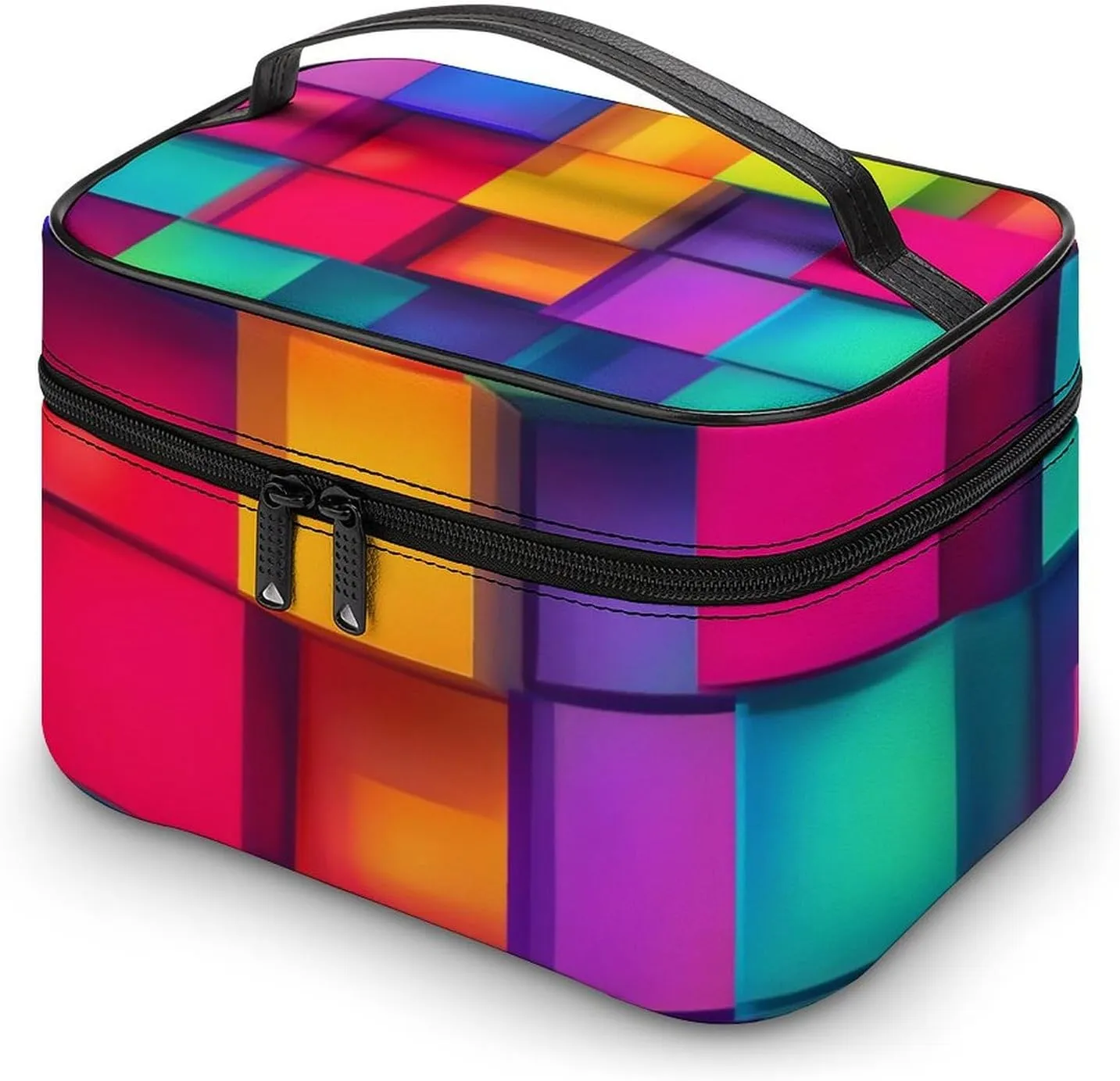 Women's Large Makeup Bag, Portable Cosmetic Brush Bags Rainbow Colorful Blocks Makeup Organizer Case Travel Toiletry Accessories