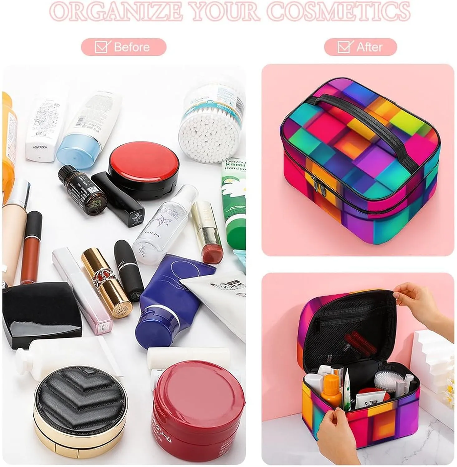 Women's Large Makeup Bag, Portable Cosmetic Brush Bags Rainbow Colorful Blocks Makeup Organizer Case Travel Toiletry Accessories