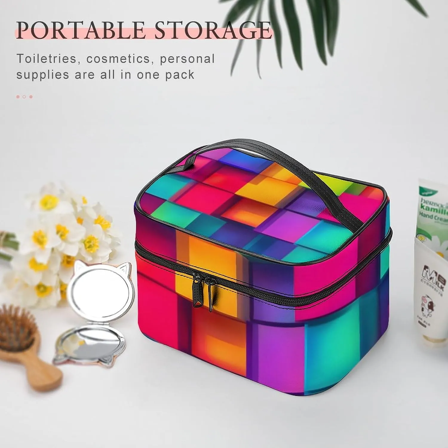 Women's Large Makeup Bag, Portable Cosmetic Brush Bags Rainbow Colorful Blocks Makeup Organizer Case Travel Toiletry Accessories