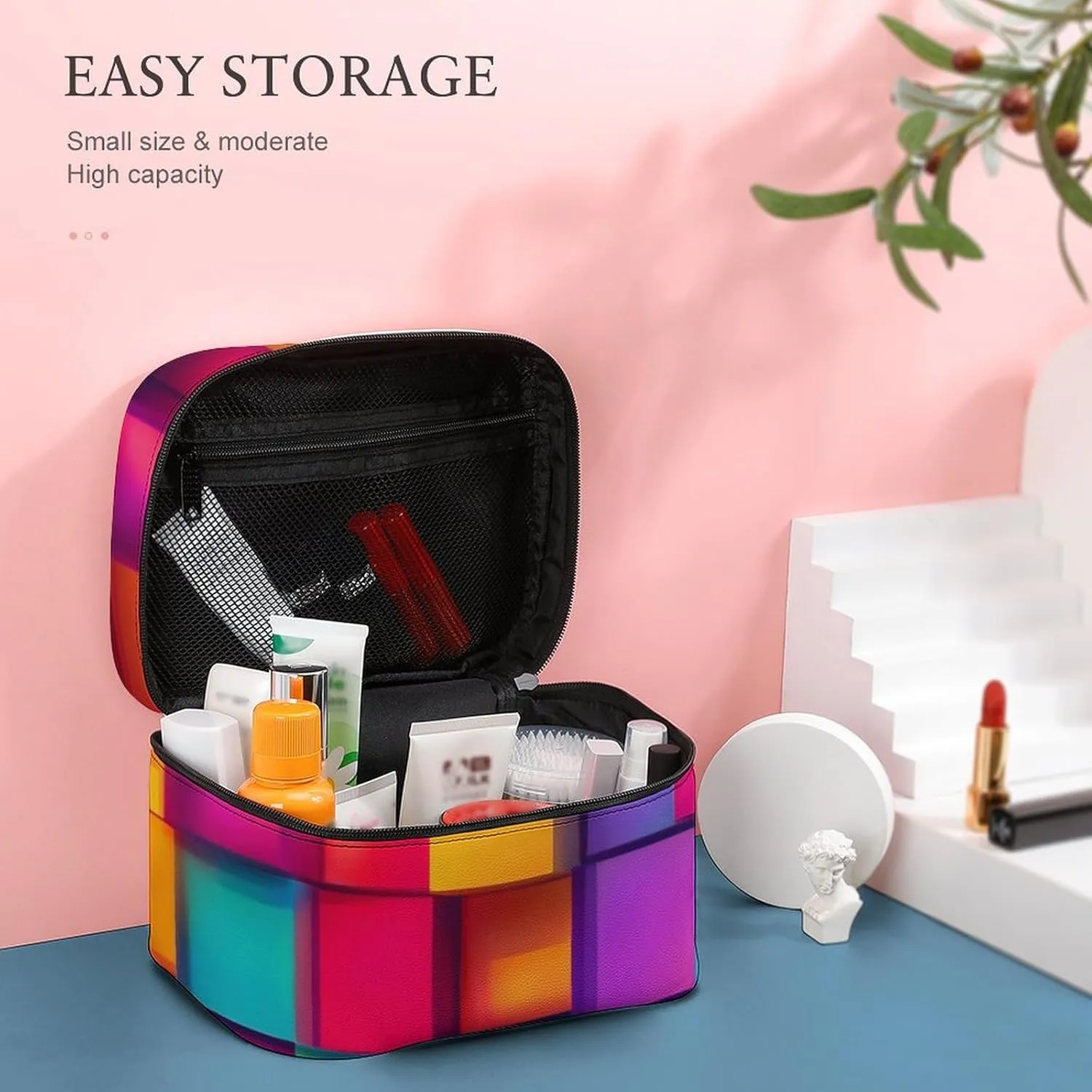 Women's Large Makeup Bag, Portable Cosmetic Brush Bags Rainbow Colorful Blocks Makeup Organizer Case Travel Toiletry Accessories