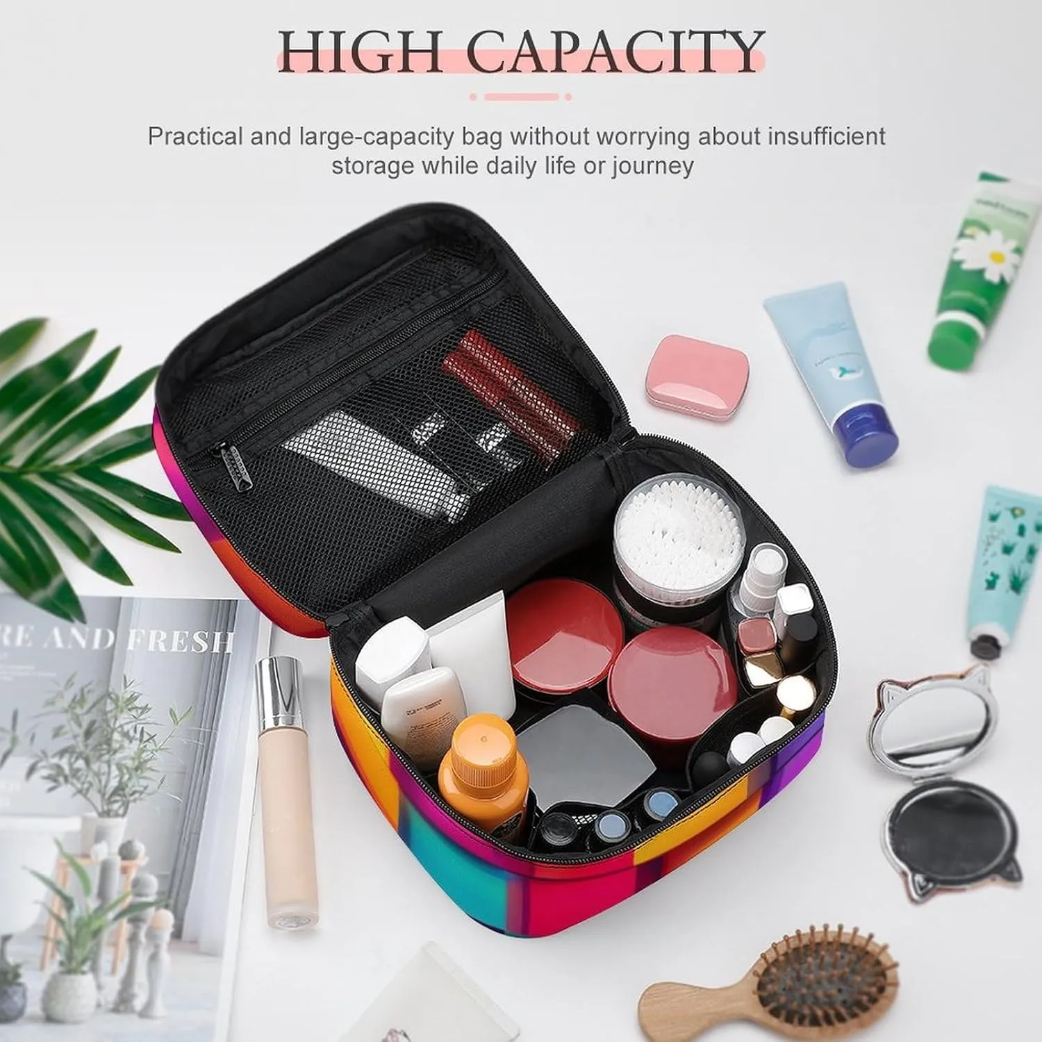 Women's Large Makeup Bag, Portable Cosmetic Brush Bags Rainbow Colorful Blocks Makeup Organizer Case Travel Toiletry Accessories