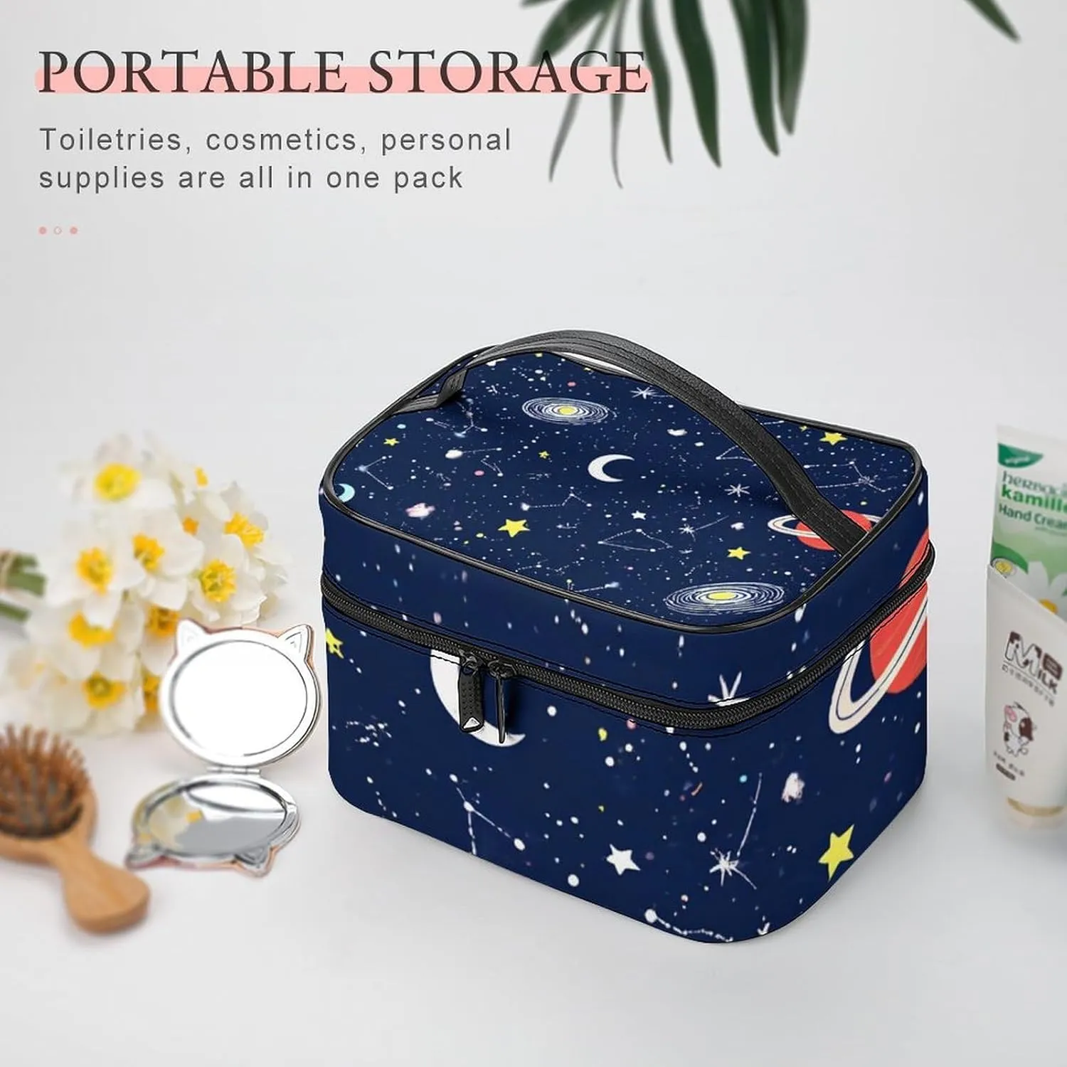 Women's Large Makeup Bag, Portable Cosmetic Brush Bags Space Galaxy Constellation Zodiac Starry Night Stars Makeup Organizer Case Travel Toiletry Accessories