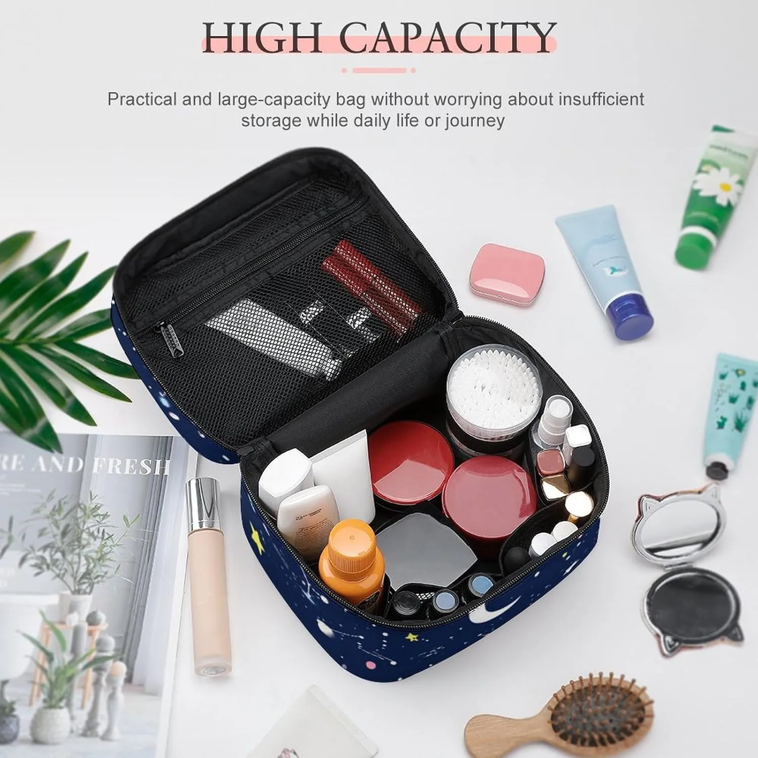 Women's Large Makeup Bag, Portable Cosmetic Brush Bags Space Galaxy Constellation Zodiac Starry Night Stars Makeup Organizer Case Travel Toiletry Accessories