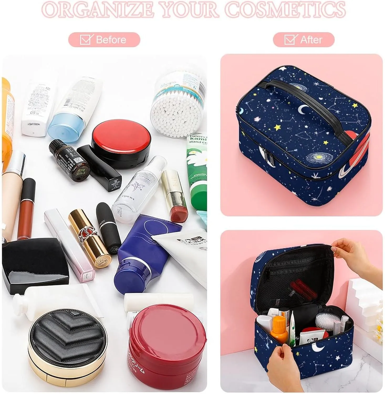 Women's Large Makeup Bag, Portable Cosmetic Brush Bags Space Galaxy Constellation Zodiac Starry Night Stars Makeup Organizer Case Travel Toiletry Accessories