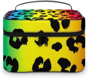 Women's Portable Makeup Bag, Travel Large Cosmetic Storage Case Rainbow Colorful Cheetah Leopard Print Toiletry Organizer Bag with Zipper Pouch