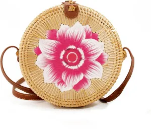 Women's Round Rattan Bag, Straw Beach Bag, Handwoven bag, Floral Design (Large)